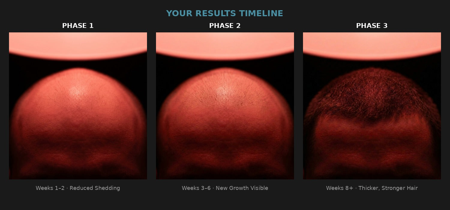 Hair growth progression — Phase 1 reduced shedding, Phase 2 new growth visible, Phase 3 thicker stronger hair