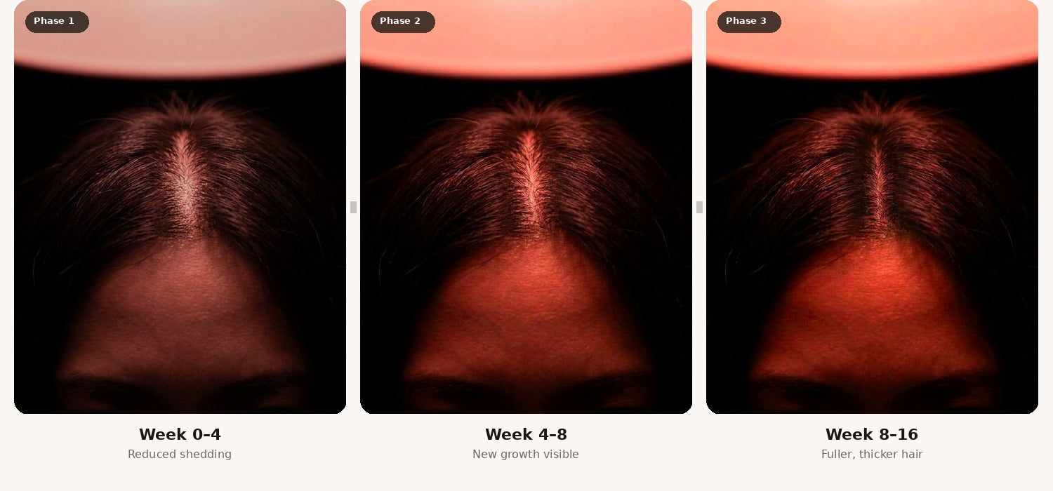 Hair growth progression — Phase 1 reduced shedding, Phase 2 new growth, Phase 3 fuller hair
