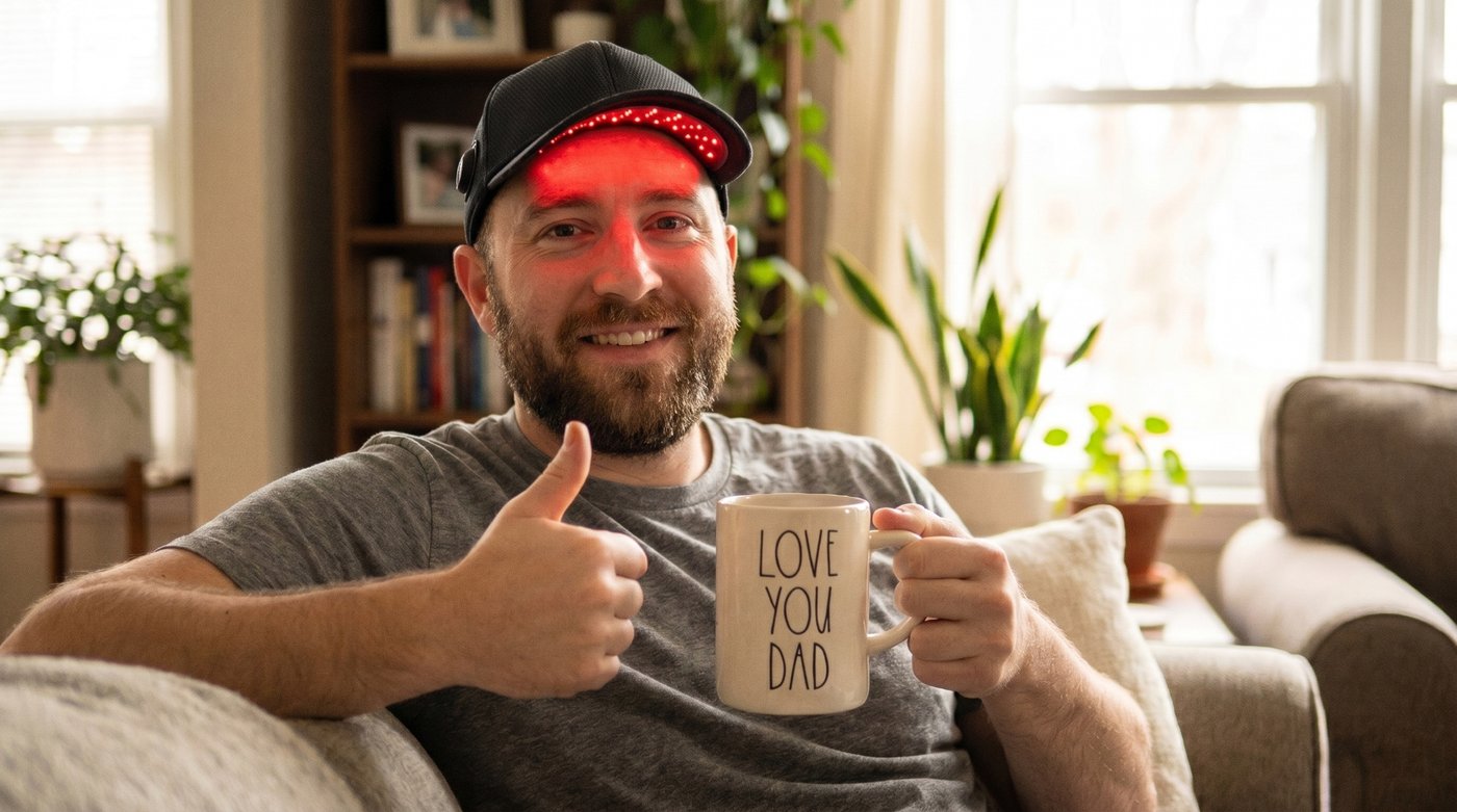 Man relaxing on couch wearing the Revanus cap during downtime