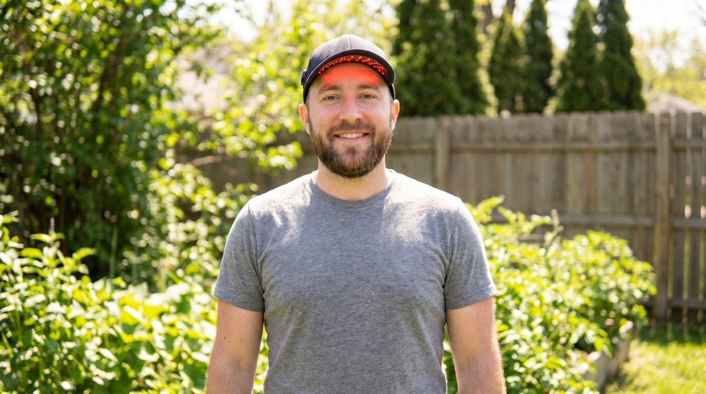 Man wearing Revanus Red Light Therapy Cap outdoors