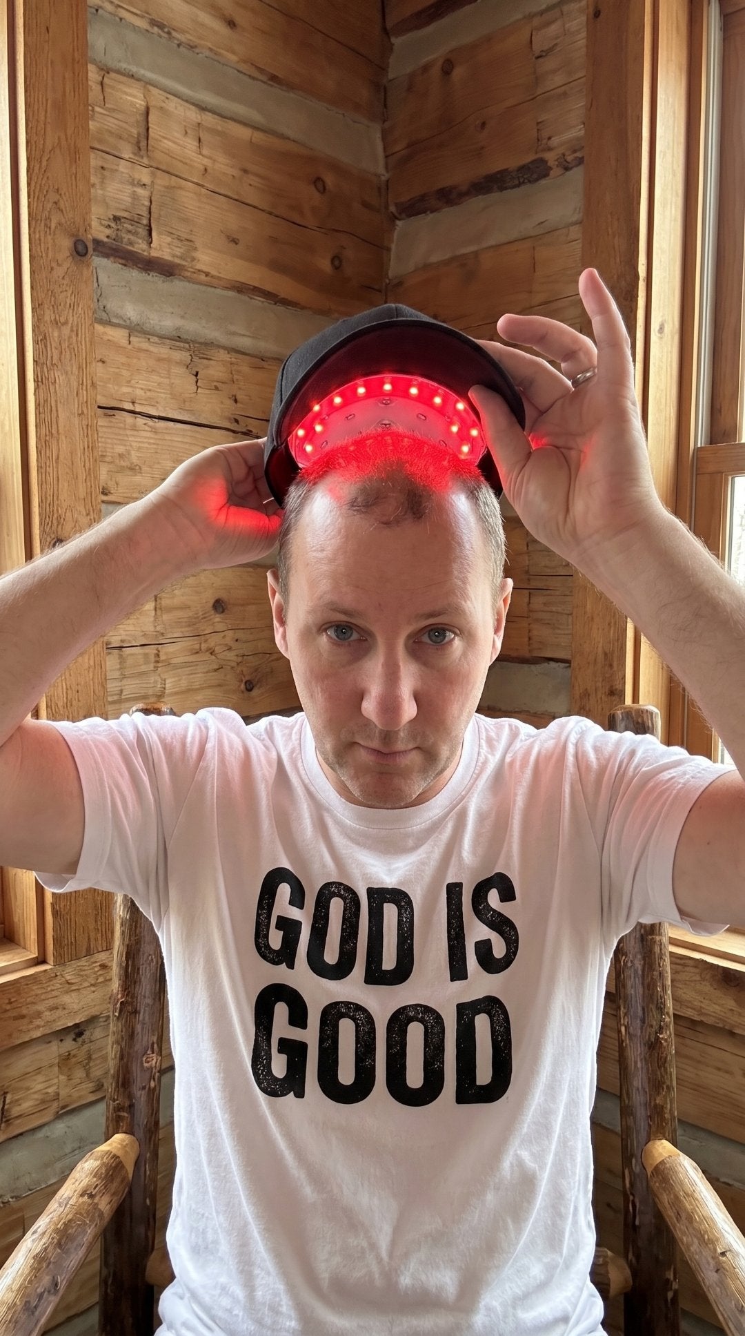 Man putting on the Revanus cap before starting his day